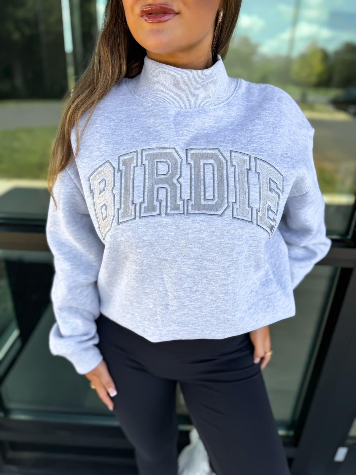 BIRDIE Embroidered Funnel Neck Pullover in Heather Haze