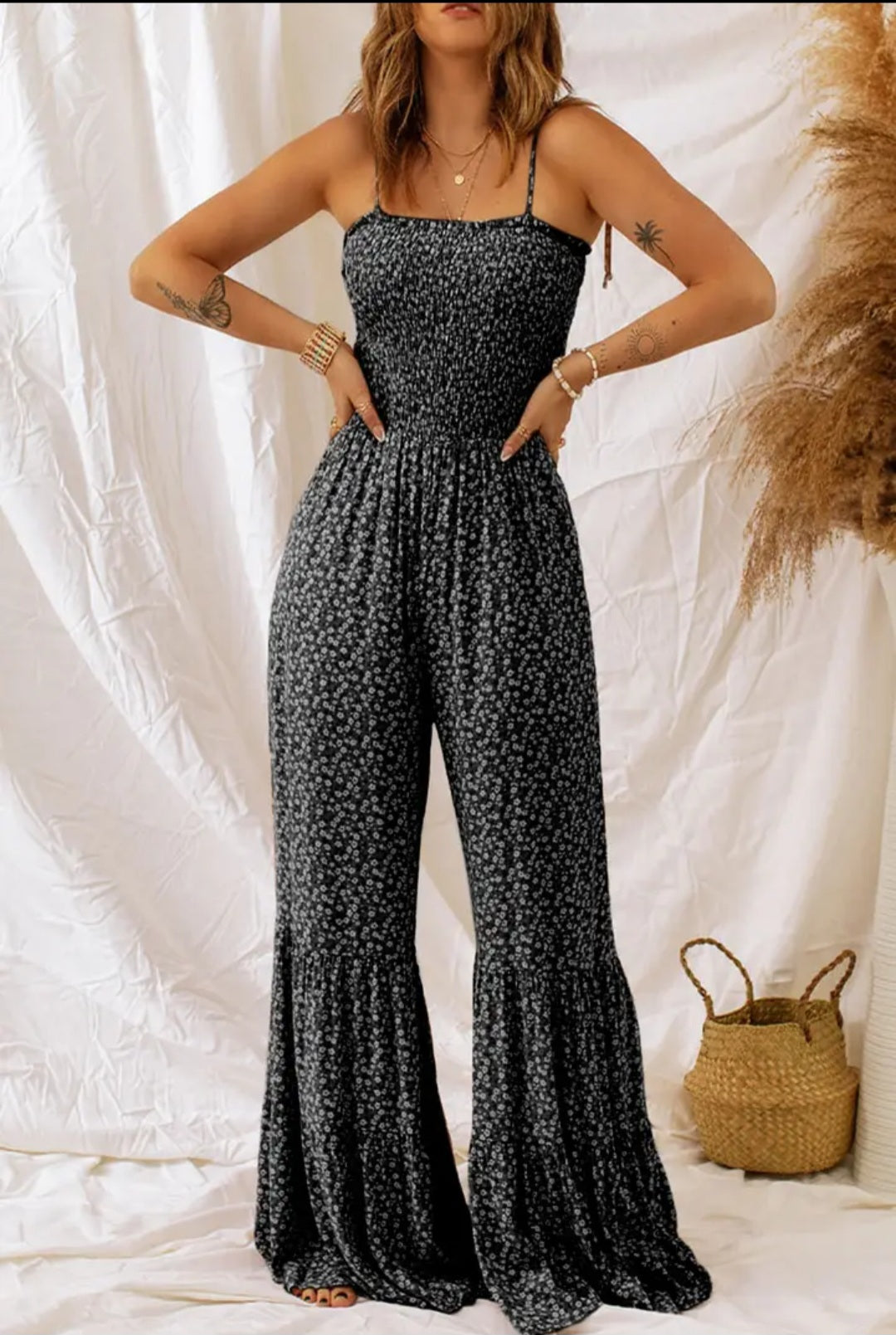 Straps Smocked Bodice Wide Leg Floral Jumpsuit /Romper