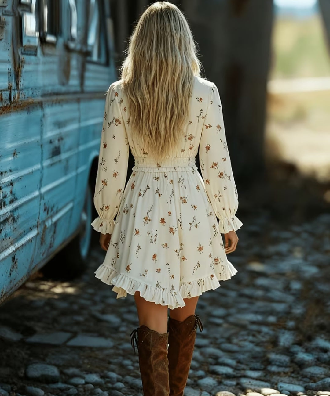 Women's Long Sleeve V Neck Floral Print Hem Dress