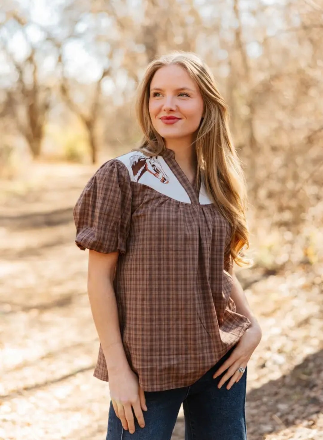 Grace & Emma Western Yoke Collared Top with Embroidered Horses