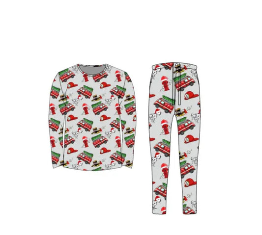 Miller & Co Bamboo Adult Two Piece Pajama Set, Christmas Fire Trucks