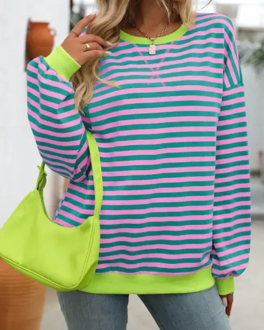 Color Striped Crew Neck Loose Fit