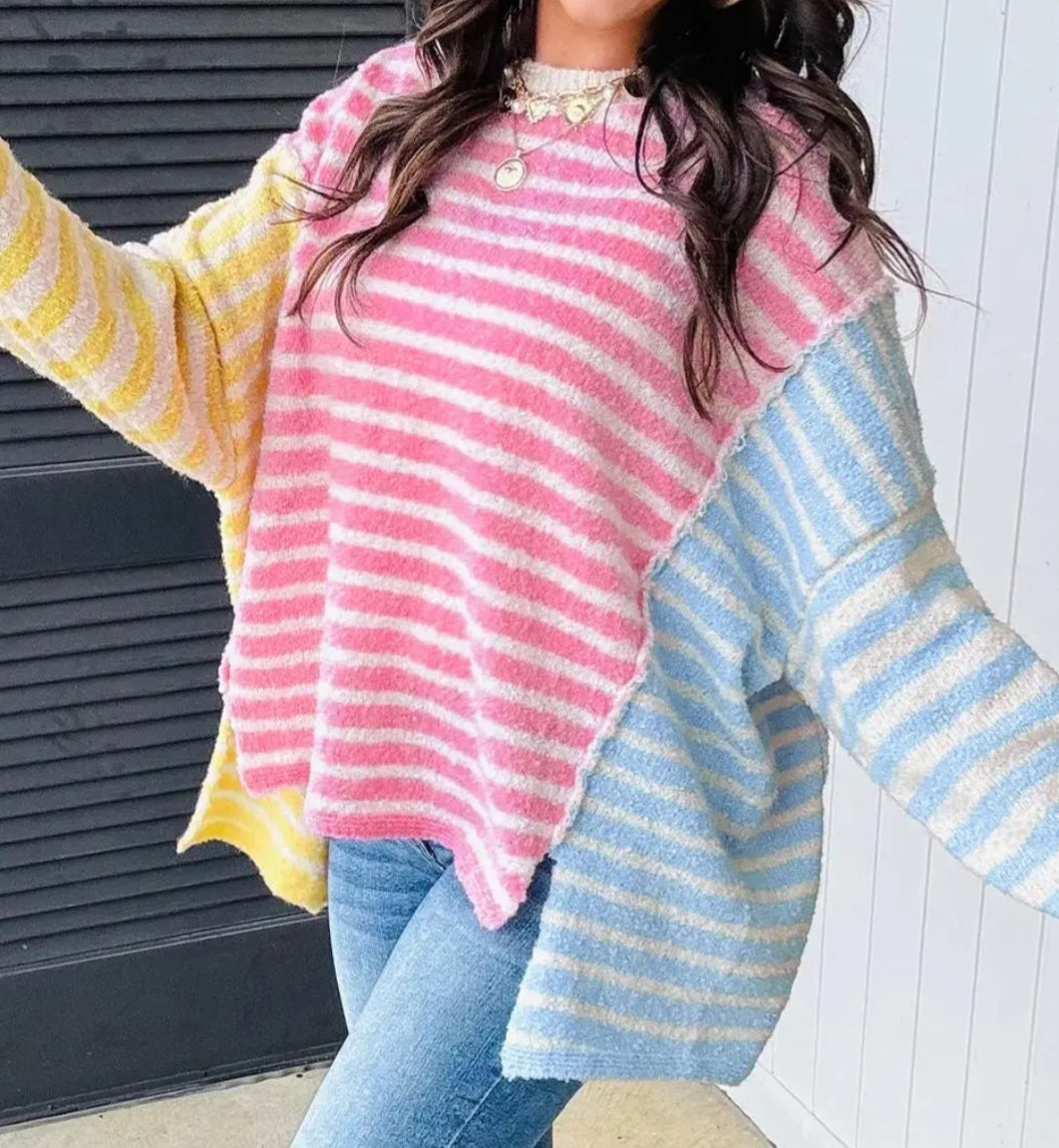 Color Block Striped Patchwork Dolman Sleeve Slit Sweater