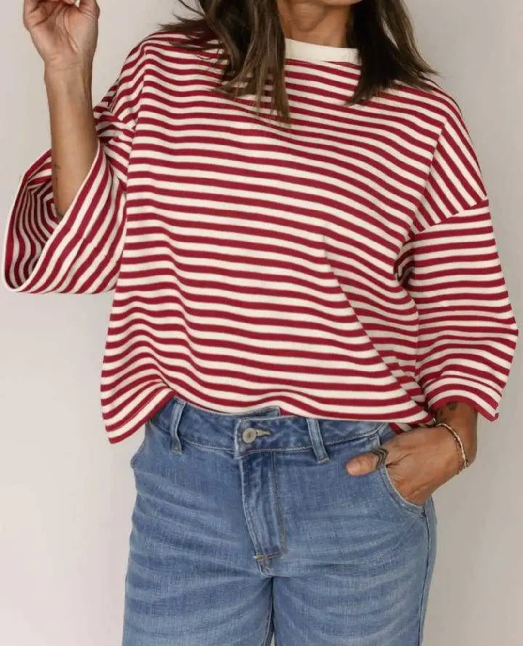 Striped Knit Crew Neck Top with Back Bow Tie Detail - Multiple Colors
