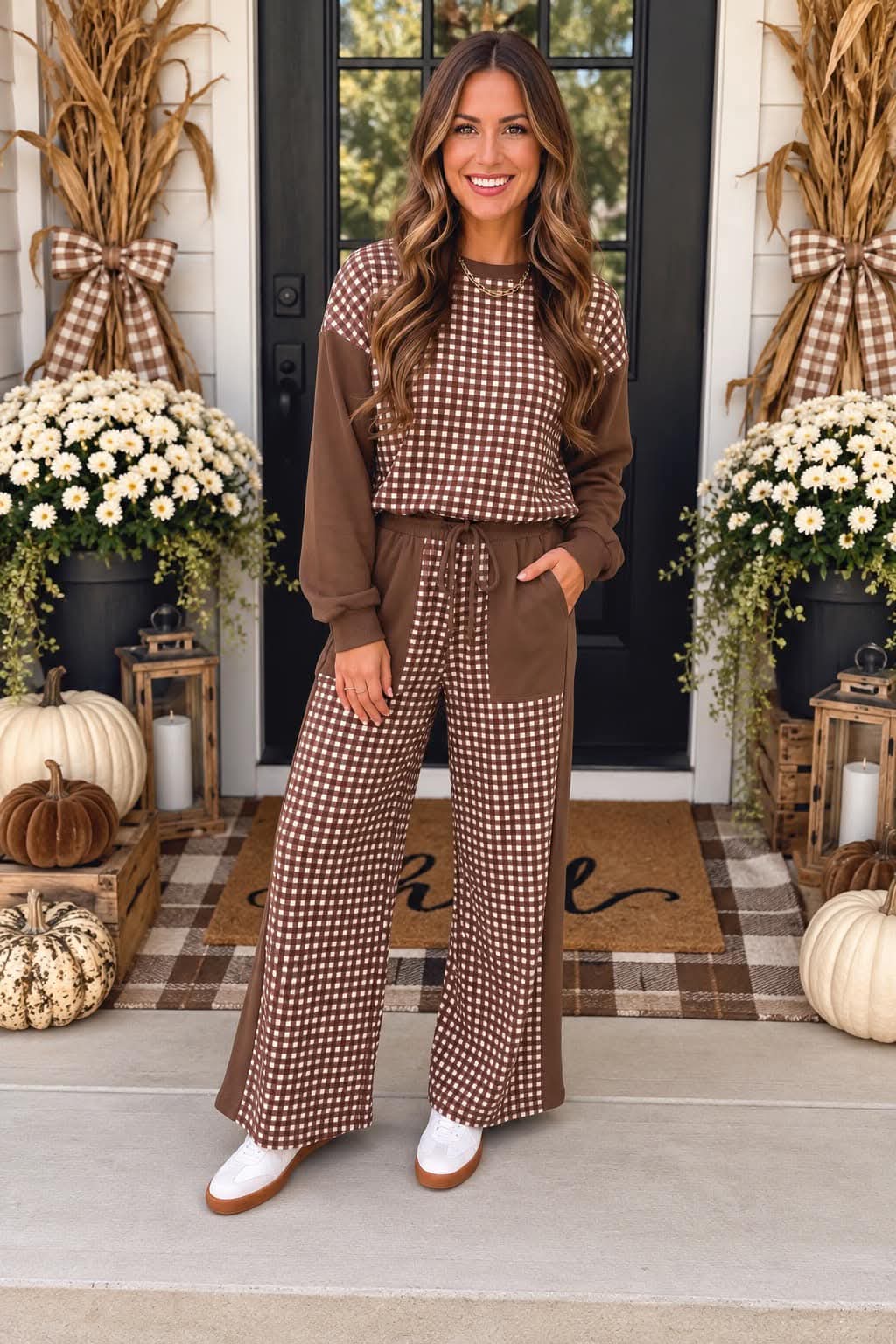 Brown Patchwork Wide Leg Set