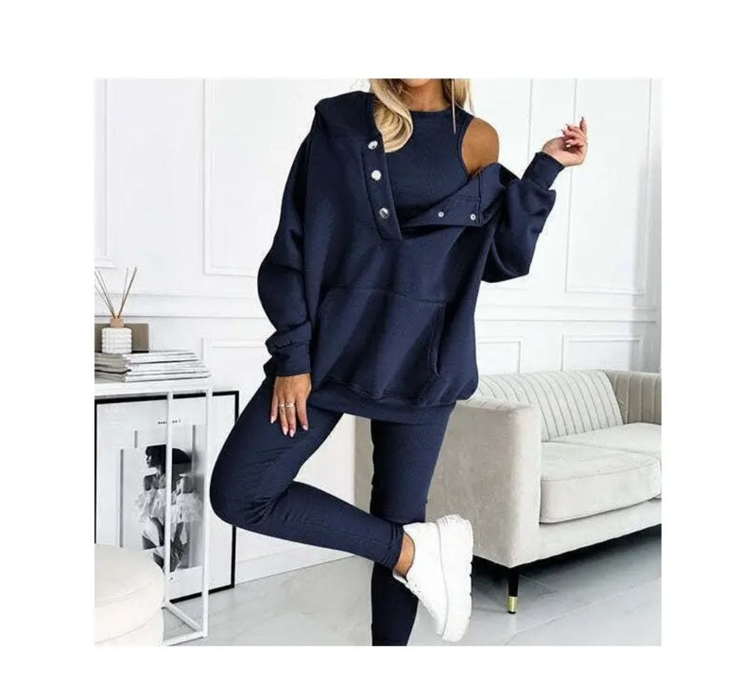 3 Piece Set- Leisure Hoodie, Thick Ribbed Vest, and Pants