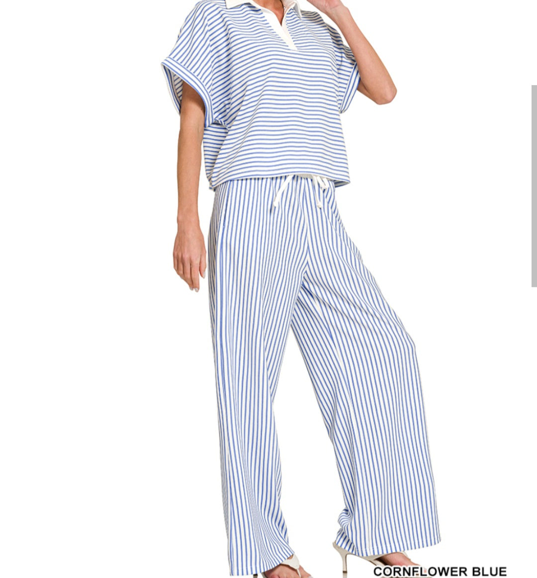 Zenana Striped split neck collared top & pants set