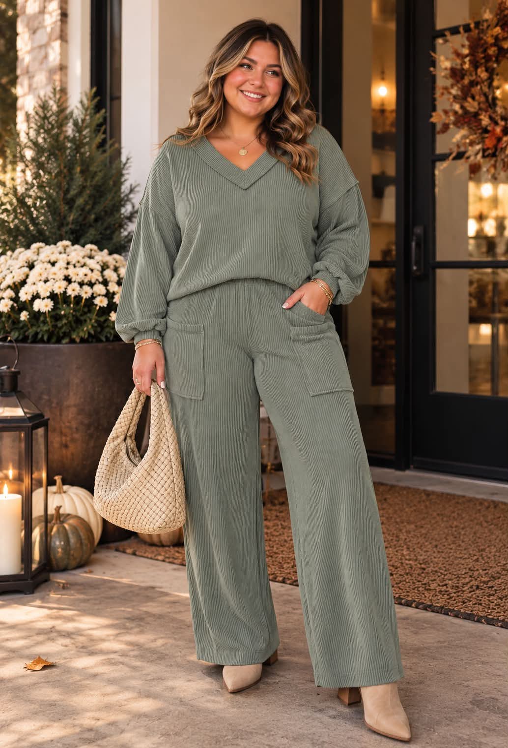Green Ribbed Exposed Seam Plus Set