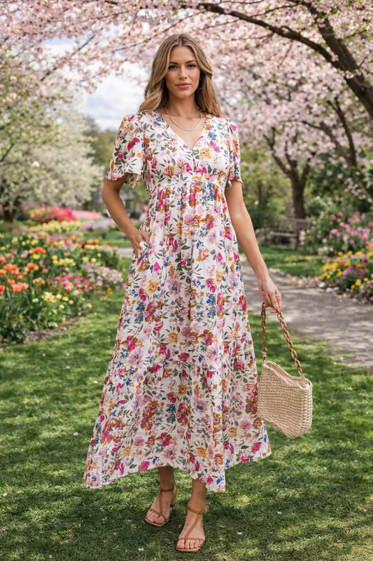Red Floral V Neck Maxi Dress