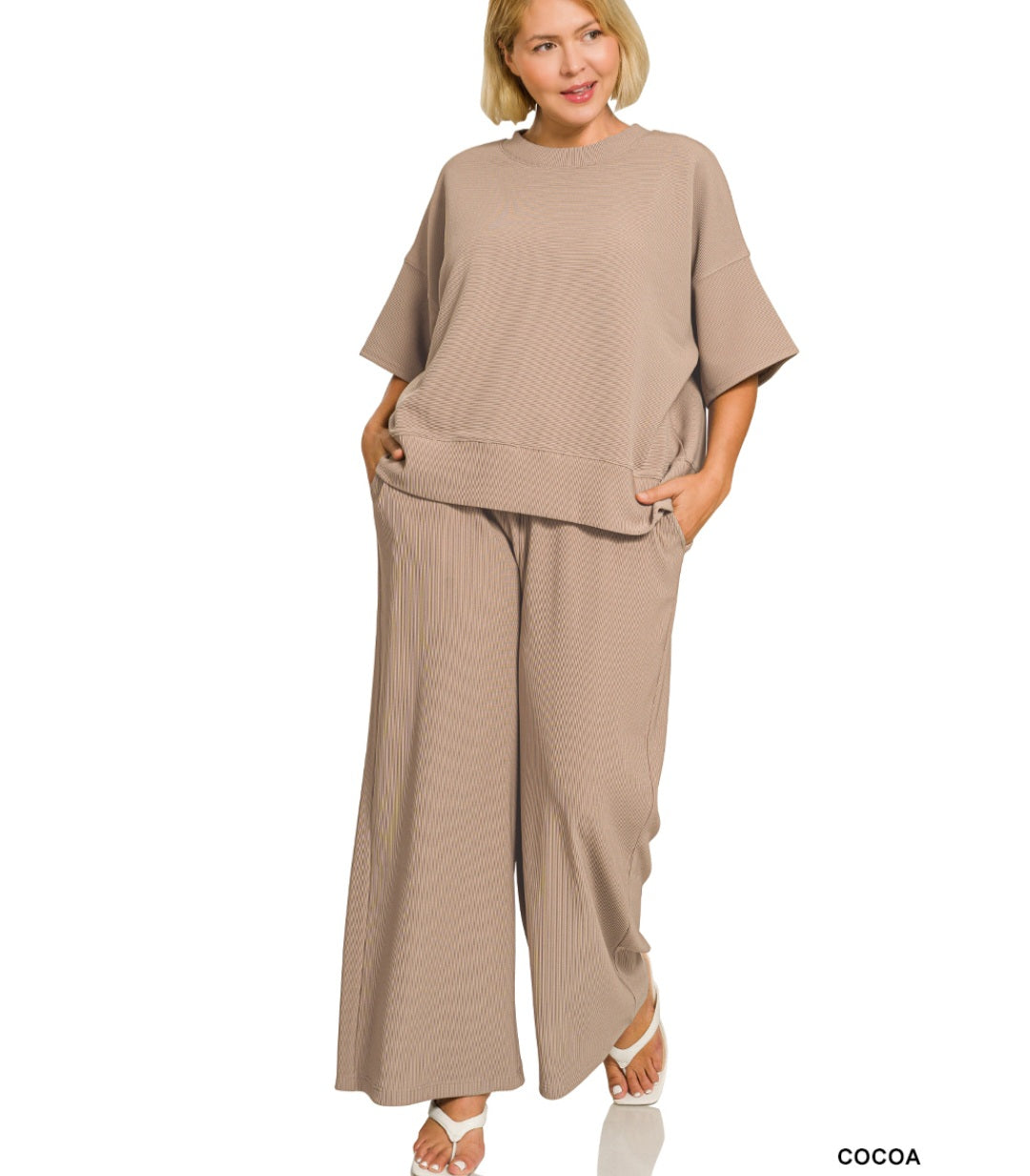Zenana Plus ribbed round neck tee & pants set