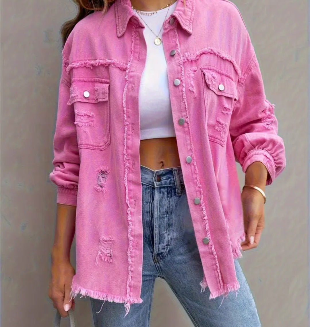 Ripped Fringe Casual Shacket with Pocket