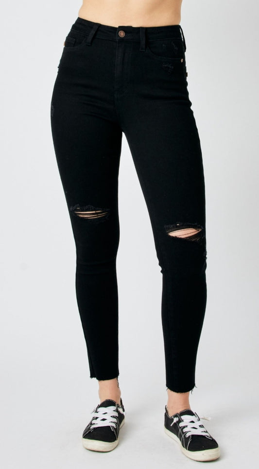 Judy Blue Black High Waist Heavy Destroy Raw Hem Skinny