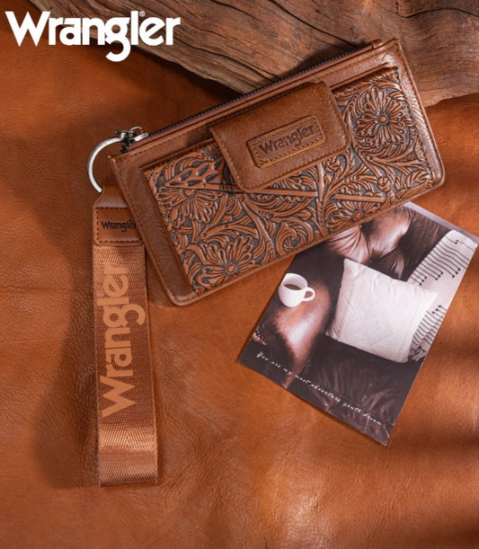 Wrangler Floral Tooled Card Wallet/Wristlet - Brown