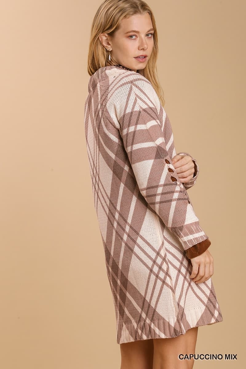 Umgee Boatneck Long Sleeve Distressed Knit Sweater Dress