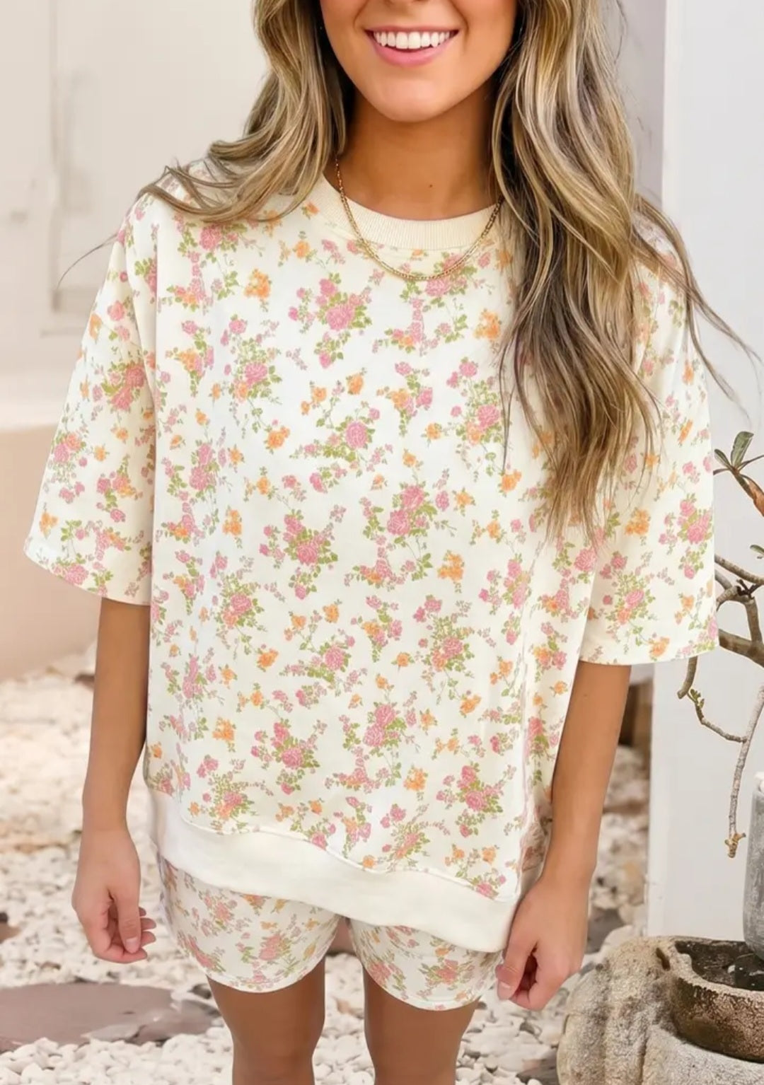 Floral Print Oversized Tee Elastic Waist Short Set