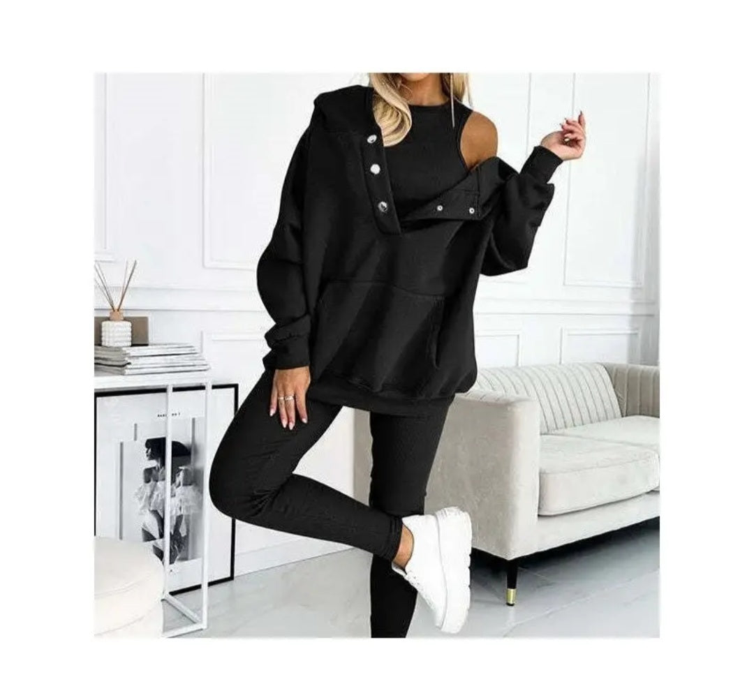 3 Piece Set- Leisure Hoodie, Thick Ribbed Vest, and Pants