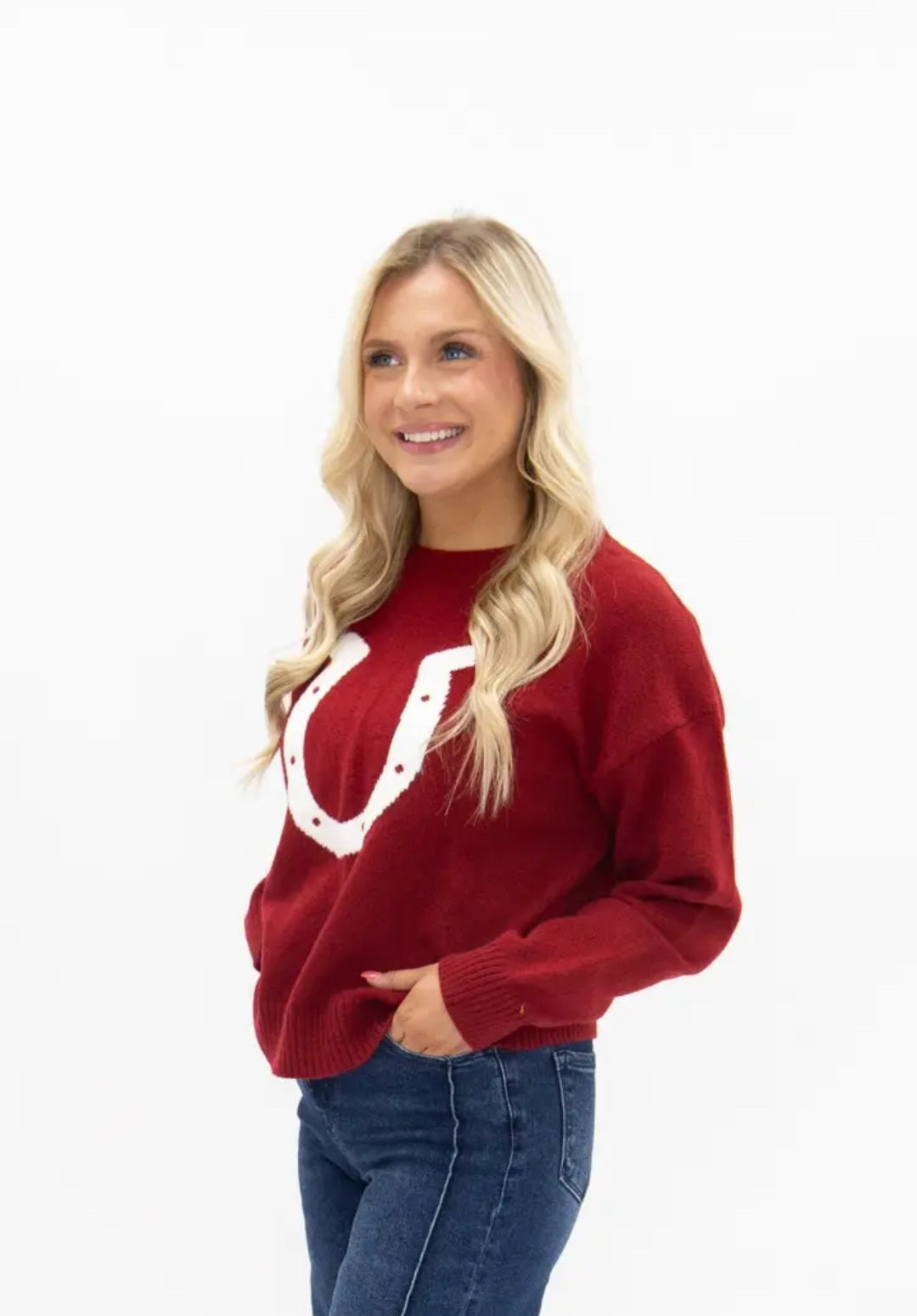 Grace + Emma Horse Shoe on Red Sweater