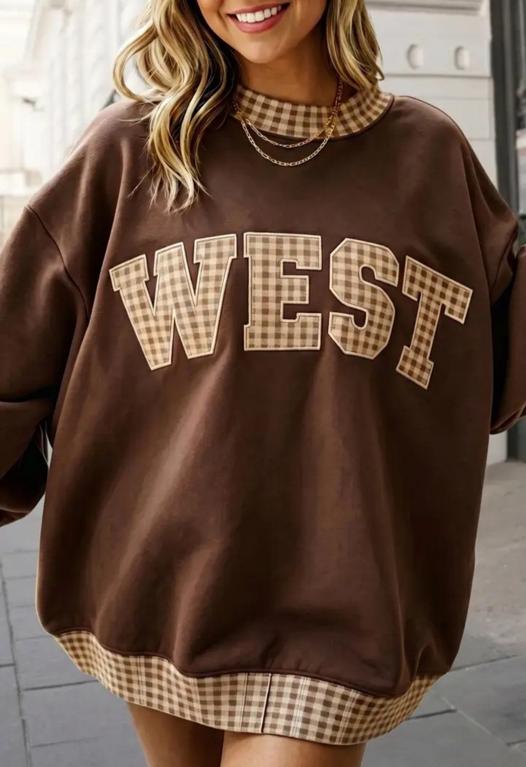 West/South Plaid Letter Mockneck Sweatshirt