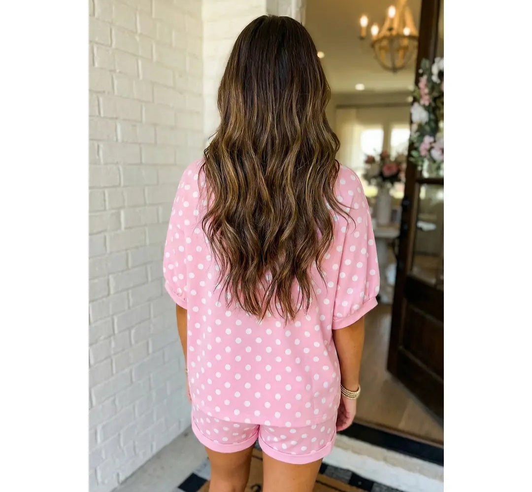 Polka Dot Print Top Drawstring Shorts set