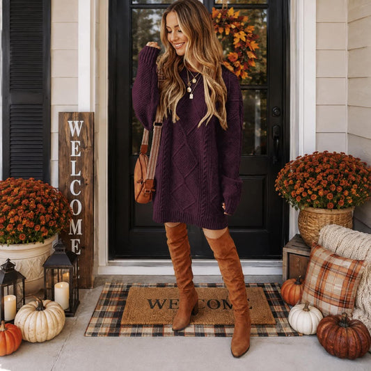 Plum Cable Knit Sweater Dress