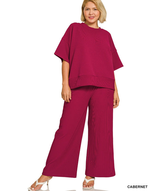 Zenana Plus ribbed round neck tee & pants set