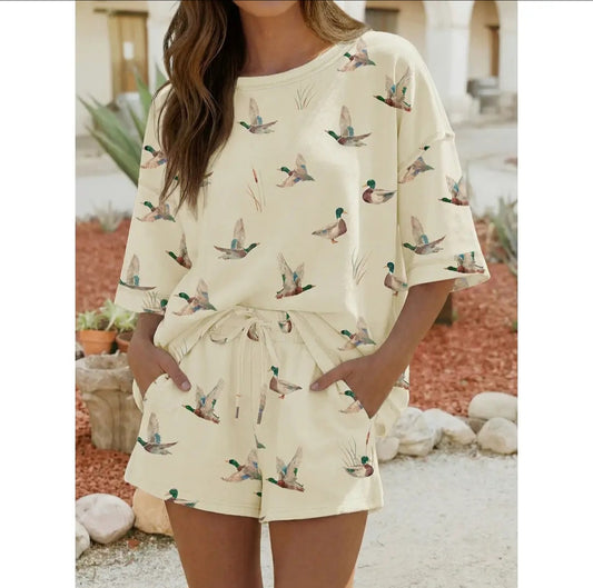 Spring Mallard Duck Print Oversized Tee Drawstring Short Set