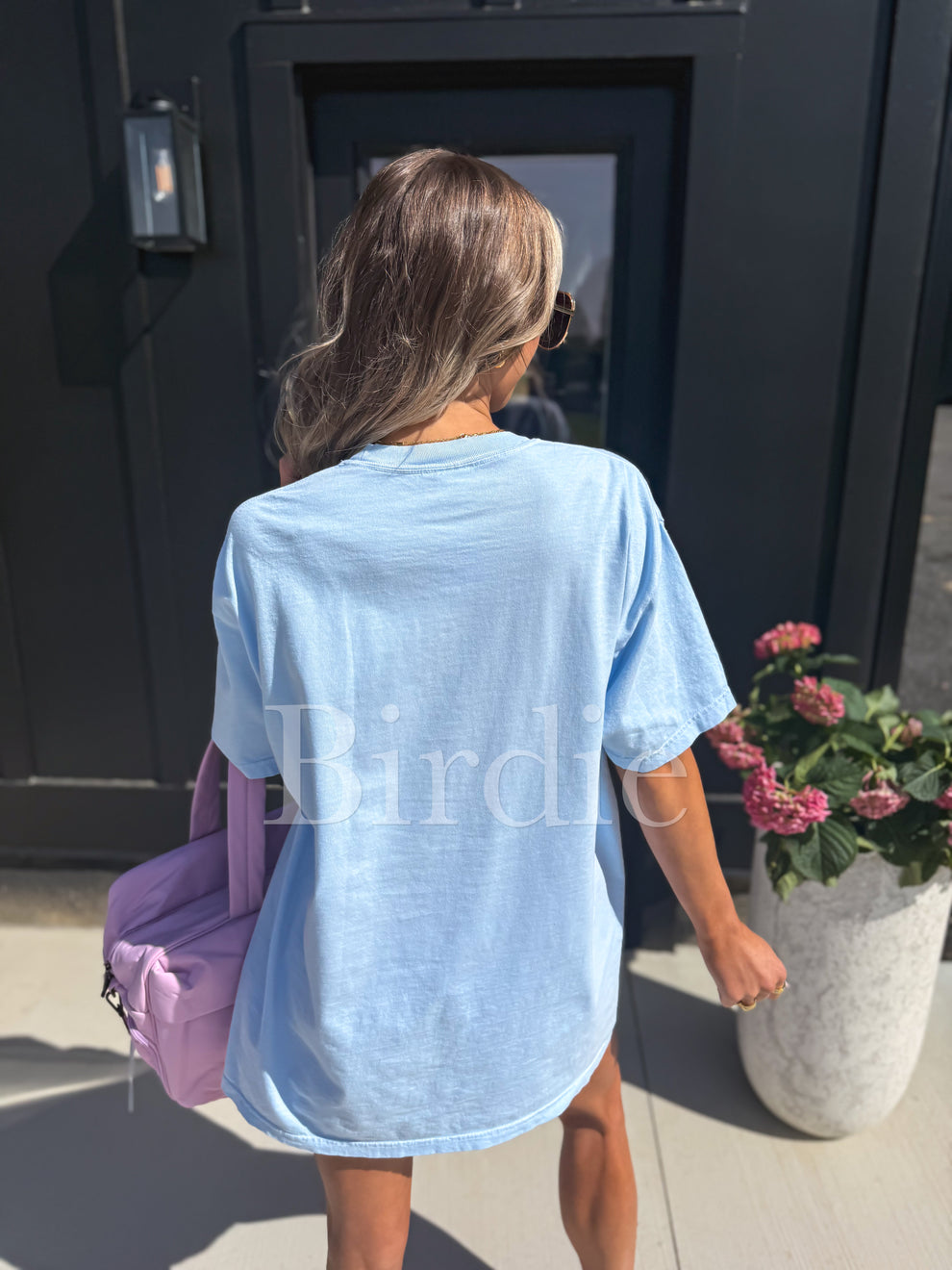 Birdie Pastel Checkered MAMA Graphic Tee on Chambray