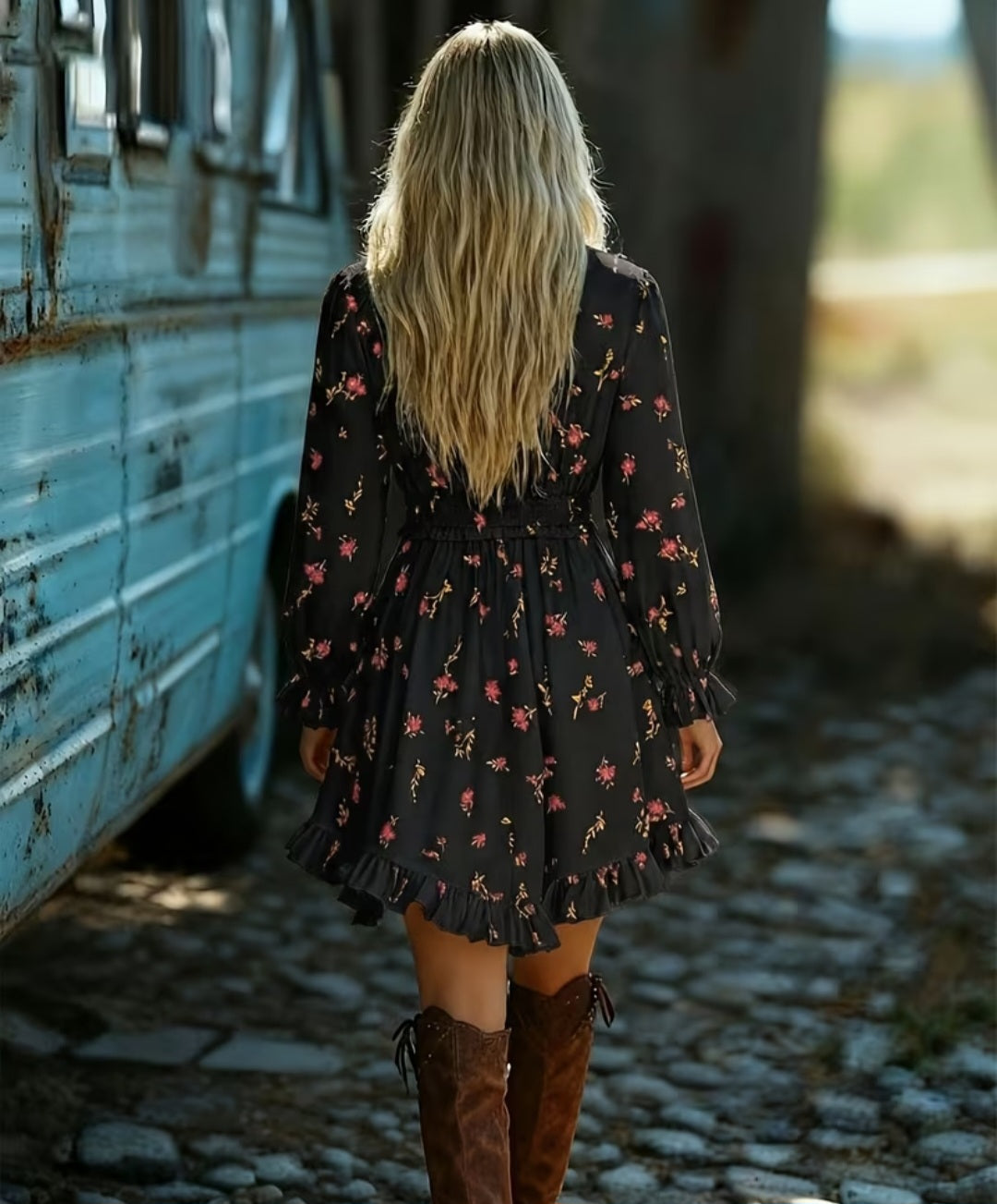 Women's Long Sleeve V Neck Floral Print Hem Dress