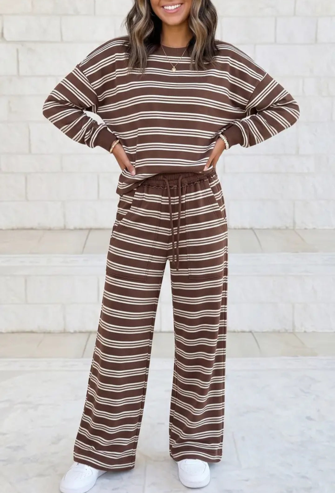 Back Cutout Long Sleeve Top and Wide Leg Pants 2pcs Set
