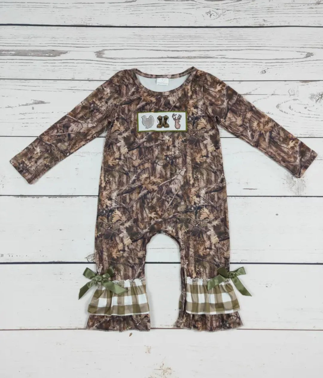 Baby Deer Camoflauge Appliqué Ruffled Romper