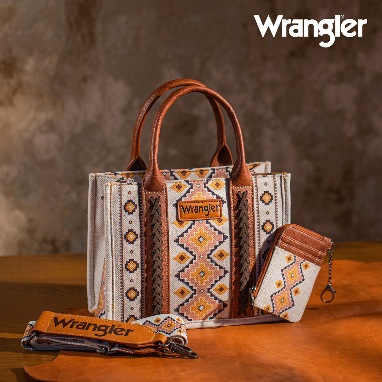 Wrangler Aztec Small Tote/Crossbody and Card Case Set 2Pc - Coffee