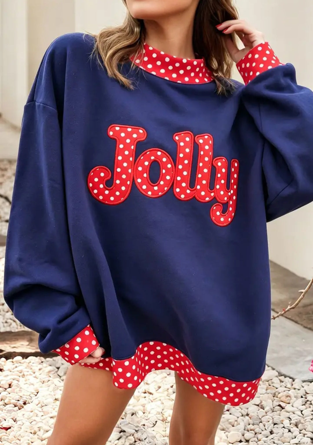 Polka Dot Contrast Holiday Mock Neck Sweatshirt