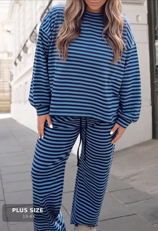 Striped Print Drawstring Waist Pants Set *1X-4X