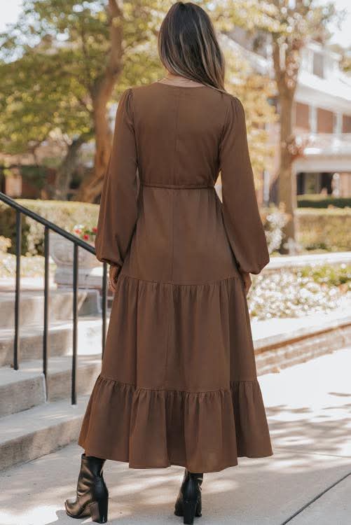 Chestnut  Button V Neck Tiered Maxi Dress