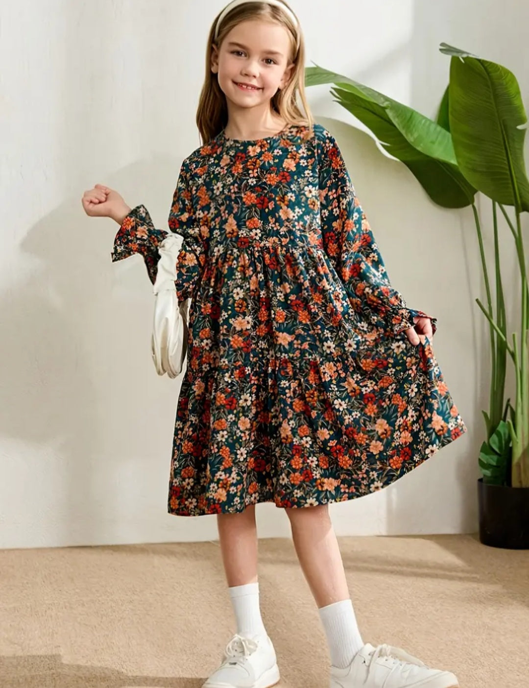 Floral Print Ruffle Sleeve Dress for Girls