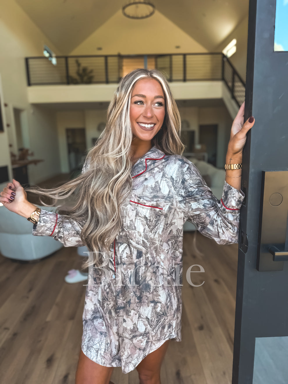 BIRDIE Sleep Dress in Dark Camo with Red Stitching