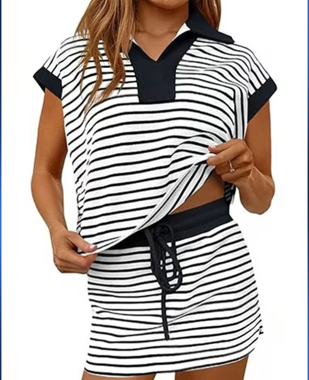Women's Two Piece V Neck Top and Drawstring Short Skirt