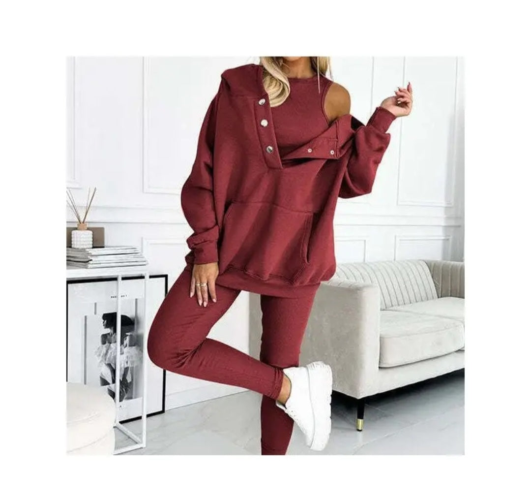 3 Piece Set- Leisure Hoodie, Thick Ribbed Vest, and Pants