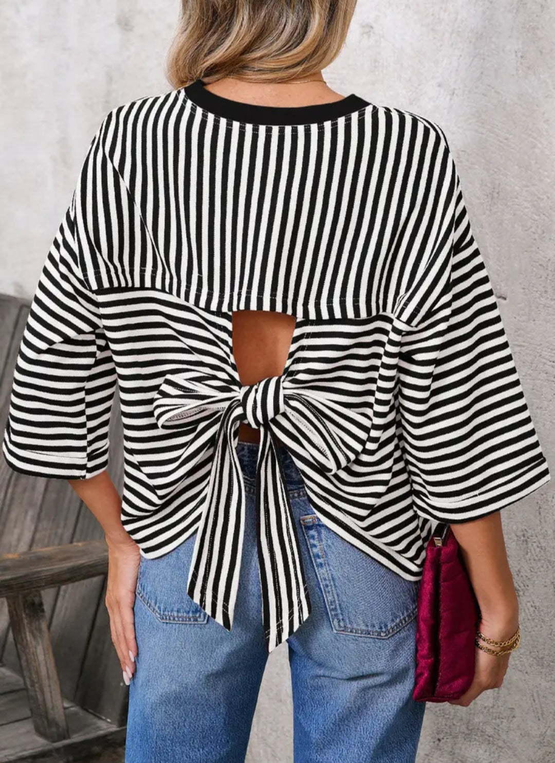 Striped Knit Crew Neck Top with Back Bow Tie Detail