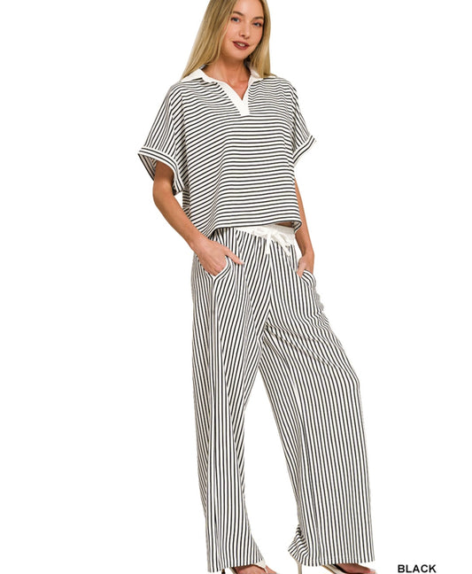 Zenana Striped split neck collared top & pants set