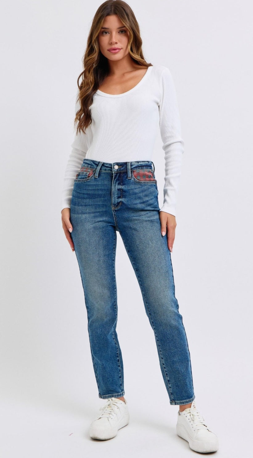 Judy Blue Plaid Patch Slim