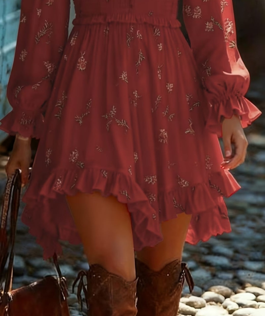 Women's Long Sleeve V Neck Floral Print Hem Dress
