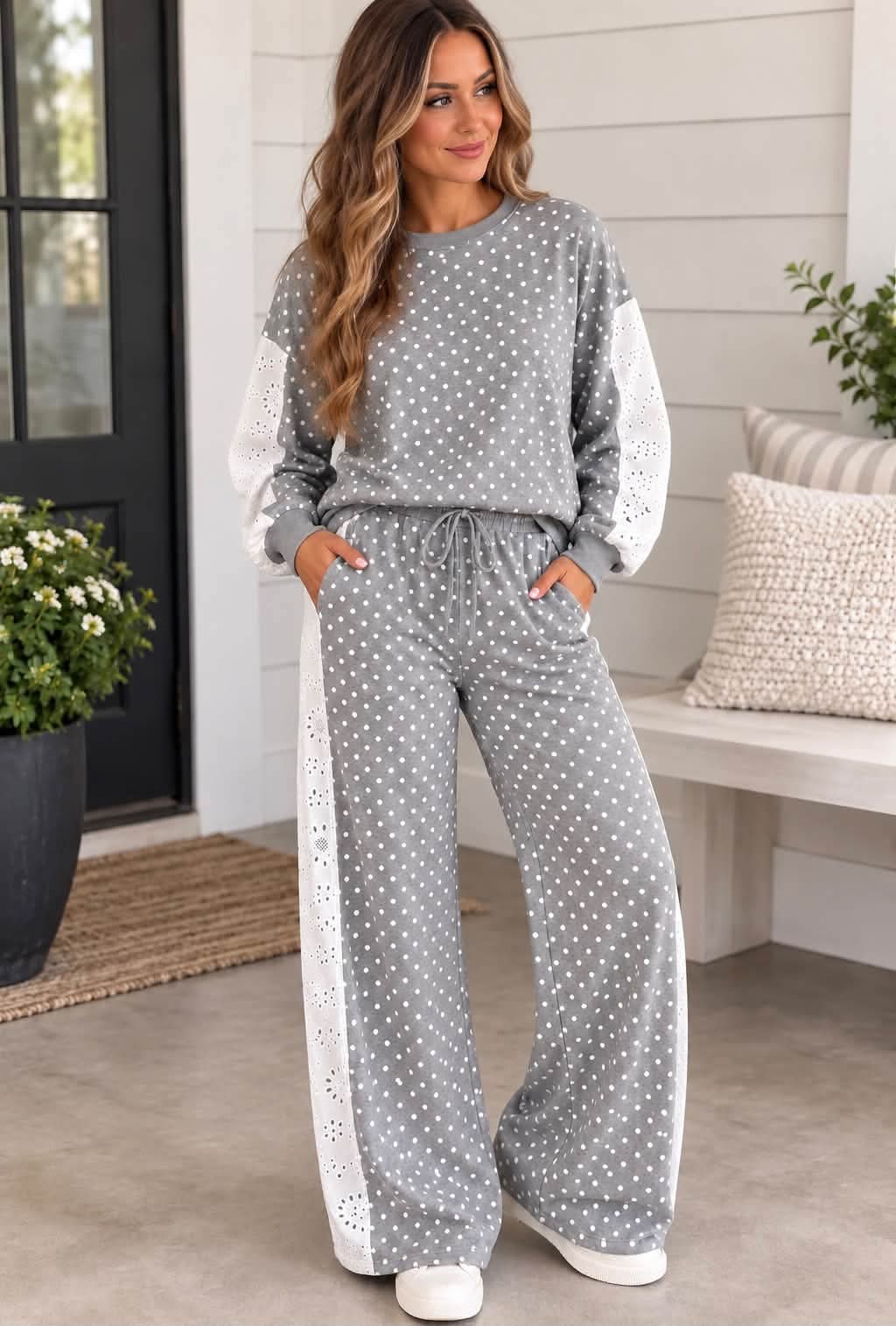 Grey Polka Dot Eyelet Set