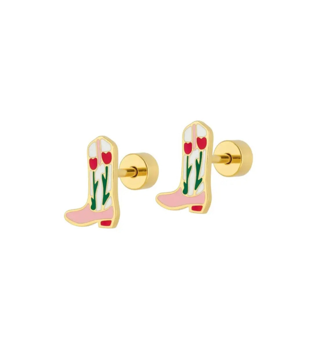 Screwback Stud Earrings- Tulip Cowgirl Boot