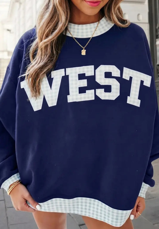 West/South Plaid Letter Mockneck Sweatshirt