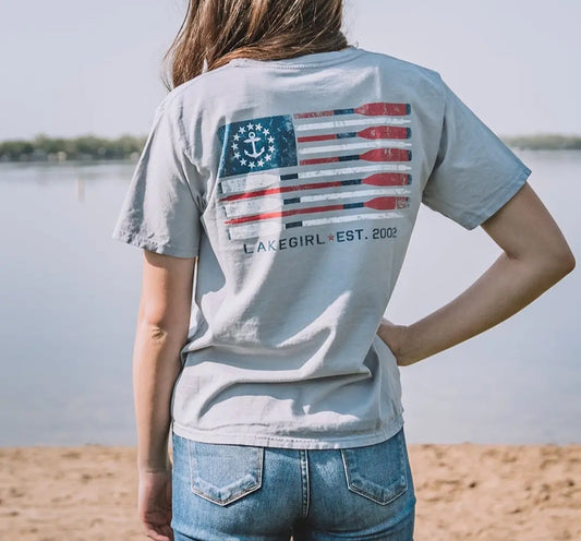 Lakegirl Patriotic Oars Flag Tee