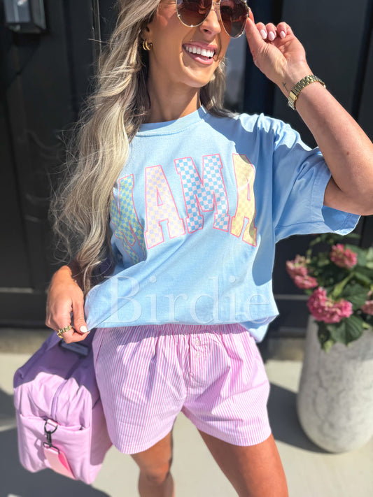 Birdie Pastel Checkered MAMA Graphic Tee on Chambray
