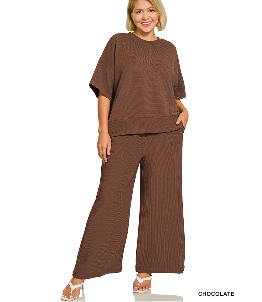 Zenana Plus ribbed round neck tee & pants set
