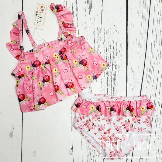 PETE + LUCY Sweet Ladybugs Pink Two PIece Swim Set Summer