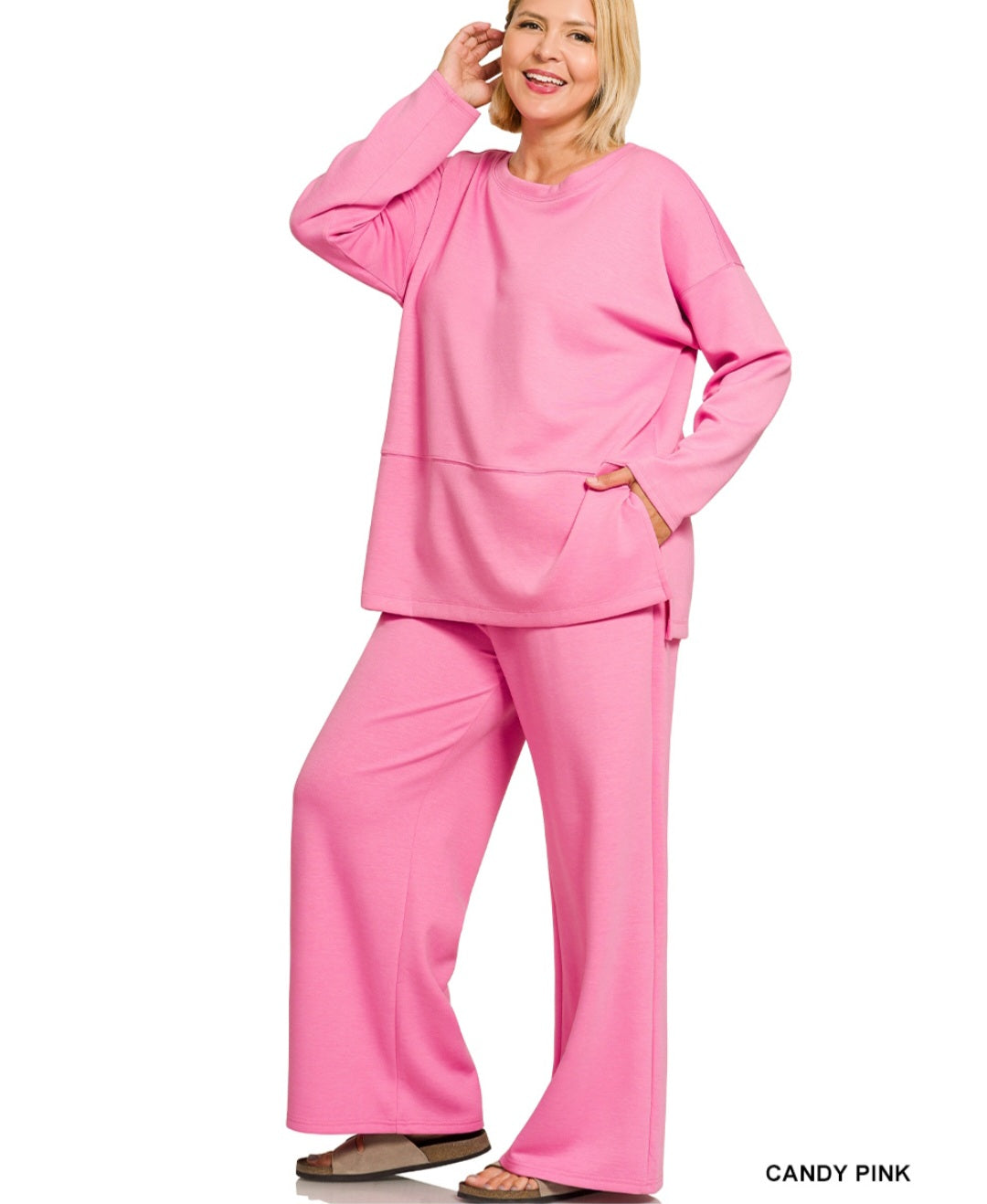 Zenana Plus Size Scuba Side Slit Top and Pants Set